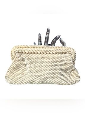 Lumured Corde-Bead 40’s Cream Caviar Beads Hardshell Top Handle Clutch